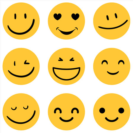 Collection of Emoji. Happy face. Sad face. Joy face. Sorrow face. Excitement face. Enjoyment emojiのイラスト素材
