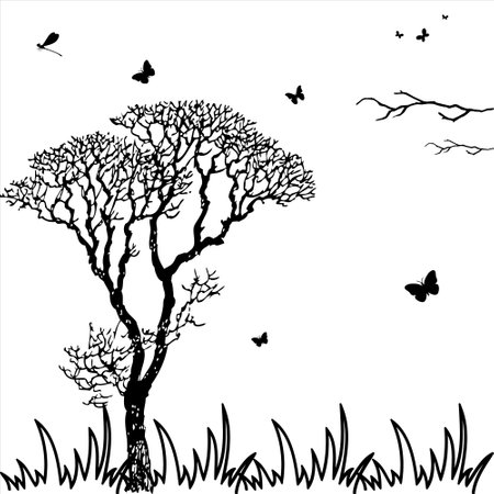 Colorful nature background design. Nature background. View of nature. Butterflies flyingのイラスト素材