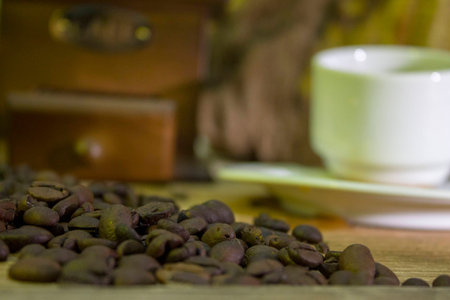 cup of coffee, coffee-beans, coffee grinder, coffee sack