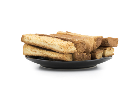 Indian Bakery Food Tea Time Sweet Dry Toast Snack Also Know As Indian Toast Snack, Toasted, Bread, Long Toast, Mawa Toast isolated on White Backgroundの写真素材