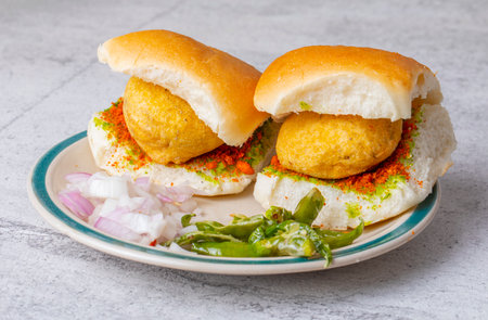 Indian Famous Street Food Vada Pav Also Know as Vada Paav, Wada Pav or Wada Pao is a Vegetarian Fast Food Dish From Maharashtraの写真素材