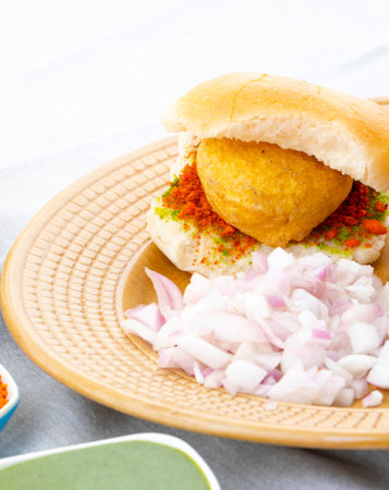 Indian Famous Street Food Vada Pav Also Know as Vada Paav, Wada Pav or Wada Pao is a Vegetarian Fast...