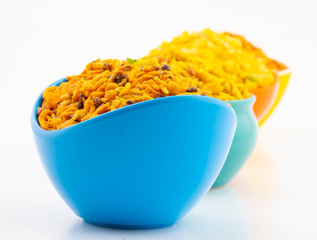 Indian Traditional Namkeen Food Collection Isolated on White Backgroundの写真素材