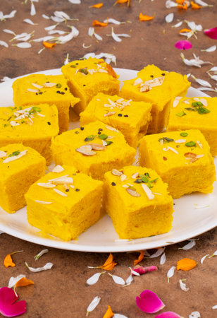 Indian Special Traditional Sweet Food Soan Papdi Also Know as Son Roll, Soam Papdi, Patisa, Shonpapdi is a popular Indian Dessertの写真素材