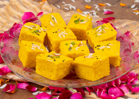 Indian Special Traditional Sweet Food Soan Papdi Also Know as Son Roll, Soam Papdi, Patisa, Shonpapdi is a popular Indian Dessertの写真素材