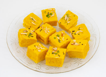 Indian Special Traditional Sweet Food Soan Papdi Also Know as Son Roll, Soam Papdi, Patisa, Shonpapdi is a popular Indian Dessertの写真素材