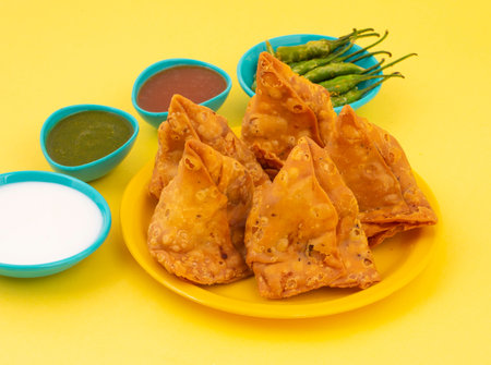Indian Street Food Samosa or Samosas is a Crispy And Spicy Triangle Shape Snack Which Has Crisp...