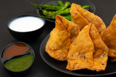 Indian Street Food Samosa or Samosas is a Crispy And Spicy Triangle Shape Snack Which Has Crisp...