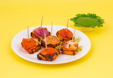 Indian Starter Dish Paneer Tikka Kabab or Barbecue Paneer Tikka Kabab Made From Chunks of Cottage Cheese Marinated in Spices & Grilled in a Tandoor. Served in a Plate with Salad & Green Mint Chutneyの写真素材