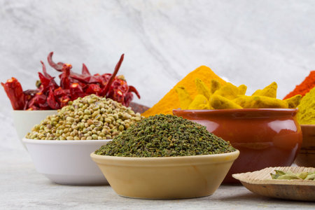 Indian Spices Collection Also Called Red Chili Powder, Turmeric Powder, Coriander Powder, Turmeric...