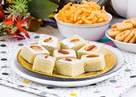 Indian Sweet Food Badam Barfi Also Know As Mithai, barfee, Mawa Barfi, Mava barfi, Almond Sweet,...
