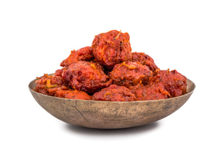 Indian Cuisine Vegetable Manchurian Also Know as Gobi Manchurian is a popular Indo Chinese Street food isolated on white backgroundの写真素材