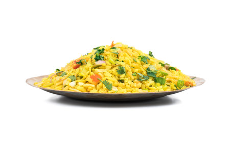 Indian Breakfast Dish Poha Also Know as Pohe or Aalu poha made up of Beaten Rice or Flattened Rice....