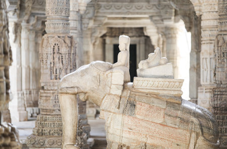 Ancient Architectural Ornament, Stone Carving Decorations Inside Ranakpur Jain Temple in Rajasthan, Indiaの写真素材