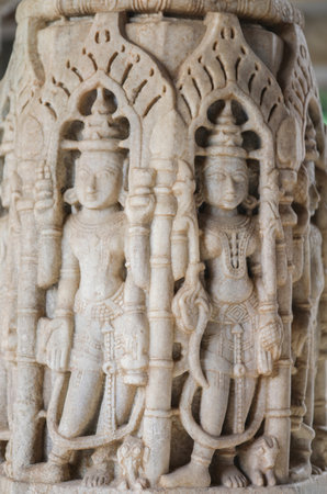Ancient Architectural Ornament, Stone Carving Decorations Inside Ranakpur Jain Temple in Rajasthan,...