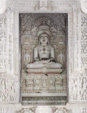 Ancient Architectural Ornament, Stone Carving Decorations Inside Ranakpur Jain Temple in Rajasthan, Indiaの写真素材