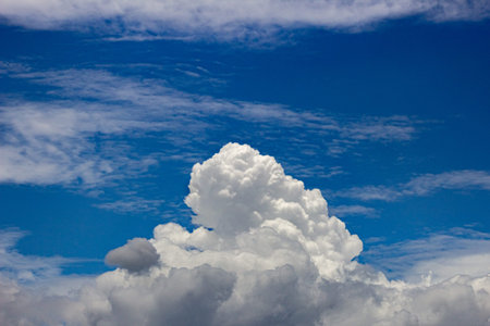 Blue sky background with tiny clouds. Cloudscape. Cumulus clouds.