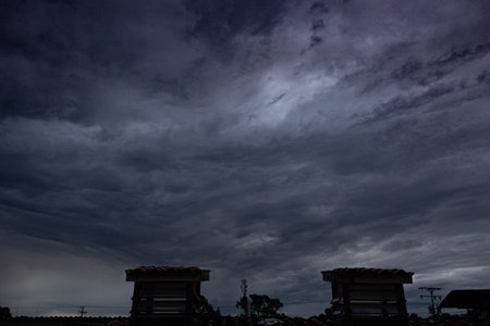 Storm clouds in the sky over the city. Stormy weather.