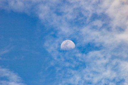 Blue sky with clouds and the moon in the day time. Natural background.
