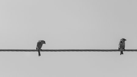 Black and white photo of two sparrows on a wire.の写真素材