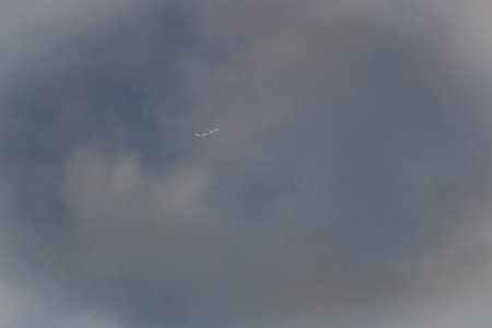 The plane flies in the cloudy sky. The plane in the sky.