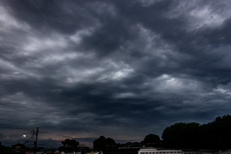 Dramatic sky with stormy clouds. Dark sky before rain.の写真素材