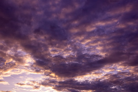 Beautiful purple sunset with clouds in the sky. Nature background.