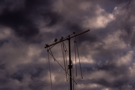 Old TV antenna with stormy sky. Selective focus. Toned.
