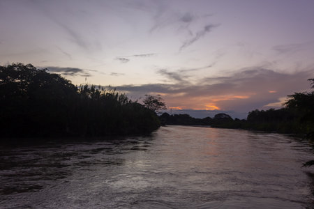 Sunset on the Mekong River in Laos, Southeast Asia.の写真素材