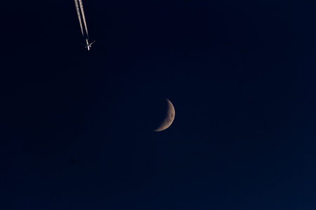 Moon and airplane in the night sky, with space for your text