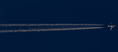 Airplane trail in the blue sky. 3d render illustration.