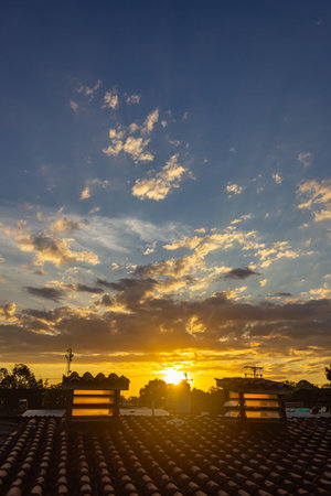 Sunset at the top of the hill in the town of Mae Salong north of the city Chiang Rai in North Thailand.の写真素材
