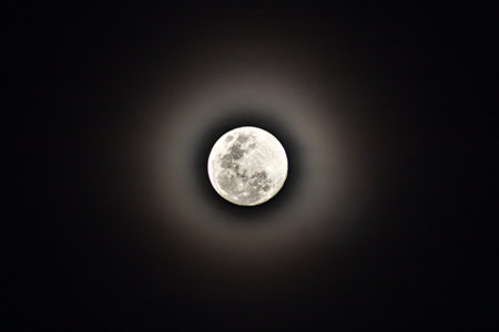 Full moon in the dark sky, closeup photo with selective focus