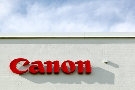 Aarhus, Denmark - August 8, 2015: Canon logo on a facade. Canon is a Japanese multinational...