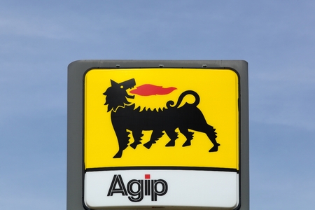 Lyon, France - September 23, 2015: AGIP  logo on a gas station. AGIP is an italian oil company headquartered in Roma, Italy and It has been a subsidiary of the multinational petroleum company Eni.のeditorial素材