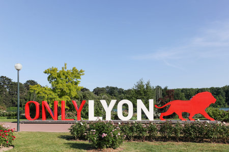 Lyon cityscape in park of the golden head with Only Lyon sign, France