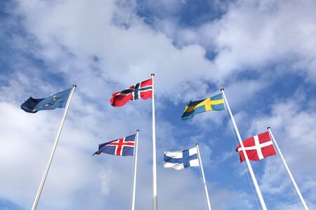 Nordic flags in the skyの写真素材