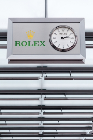 Francfort, Germany - September 19, 2015: Rolex logo on a ceiling at Frankfort airport. Rolex manufacture, distribute and service wristwatches sold under the Rolex and Tudor brandsのeditorial素材