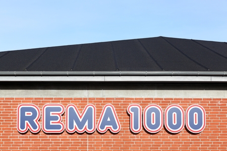 Aarhus, Denmark - November 8, 2015: Rema 1000 logo on a facade. Rema 1000 mainly operates in Norway and Denmarkのeditorial素材
