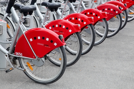 Lyon, France - September 22, 2015:  Velo'v is a bicycle sharing system run by the city of Lyon, Franceのeditorial素材