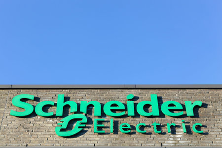 Aarhus, Denmark - January 17, 2016: Schneider Electric logo on a facade. Schneider Electric is a...