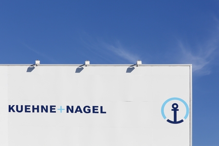 Villefranche, France - January 24, 2016: Kuhne  Nagel logistic depot. Kuhne  Nagel is a global transportation and logistics company based in Switzerland. It was founded in 1890, in Bremen, Germany.のeditorial素材