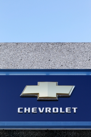 Aarhus, Denmark - January 17, 2016: Chevrolet logo on a wall. Chevrolet is an American automobile division of the American manufacturer General Motors. Chevrolet-branded vehicles are sold in most automotive markets worldwideのeditorial素材