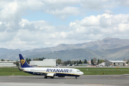 Bergamo, Italy - April 12, 2016: Ryanair airplane at Bergamo airport in Italy. Ryanair is an Irish low-cost airline headquartered in Swords, Dublin, Irelandのeditorial素材