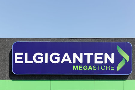Aalborg, Denmark - May 8, 2016: Elgiganten logo on wall. Elgiganten is an electrical retailer...