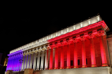 Lyon, France - July 15, 2016: French national colors on the courthouse in Lyon called palais de justice in French in tribute to all victims of terror in Nice, Franceのeditorial素材