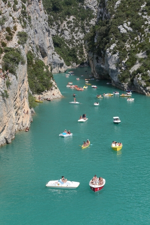 Sainte Croix, France - July 9, 2016: People sailing in the Gorges du Verdon, also called the Grand Canyon of Verdon, Provence, Franceのeditorial素材