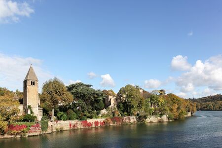 View of Ile Barbe and Saone river in Lyon, Franceの写真素材