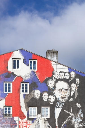 Macon, France - October 10, 2016: The city of Macon honors Lamartine. A monumental mosaic in Macon dedicated to the provisional government of 1848 and the Banquet of the Girondins of July 18, 1847のeditorial素材