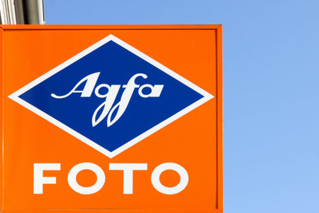 Aarhus, Denmark - August 12, 2015: Agfa logo on a wall. Agfa photo is a European photographic company, formed in 2004 when Agfa-Gevaert sold their Consumer Imaging divisionのeditorial素材